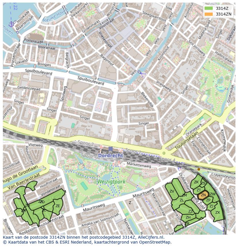 Afbeelding van het postcodegebied 3314 ZN op de kaart.