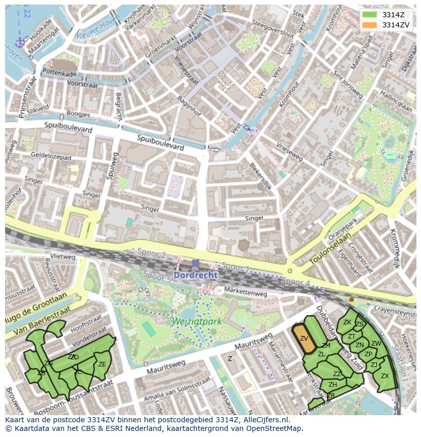 Afbeelding van het postcodegebied 3314 ZV op de kaart.