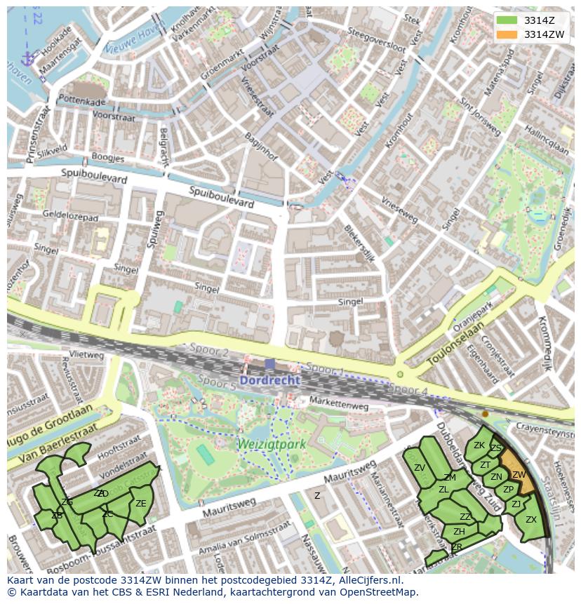 Afbeelding van het postcodegebied 3314 ZW op de kaart.