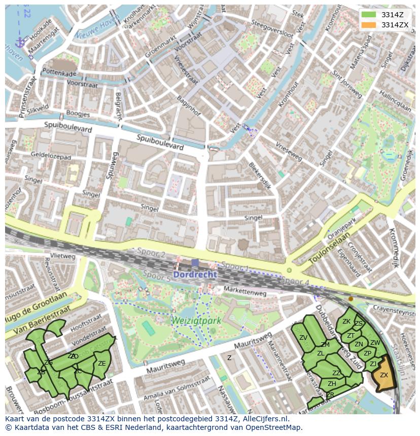 Afbeelding van het postcodegebied 3314 ZX op de kaart.