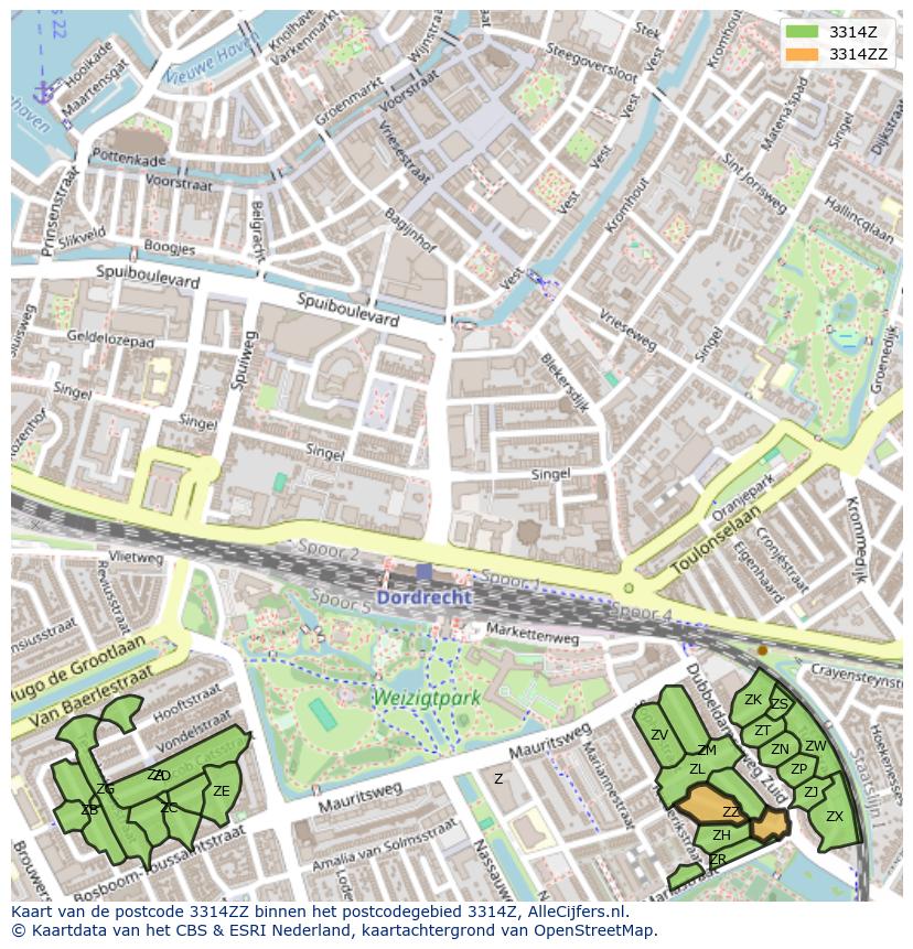 Afbeelding van het postcodegebied 3314 ZZ op de kaart.