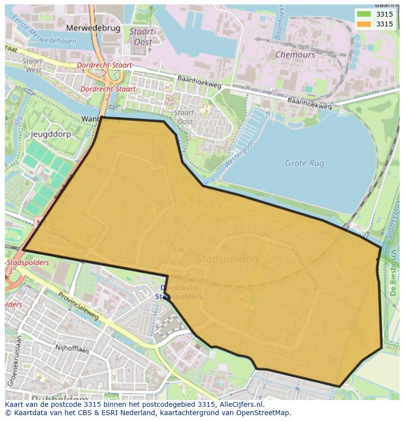 Afbeelding van het postcodegebied 3315 op de kaart.
