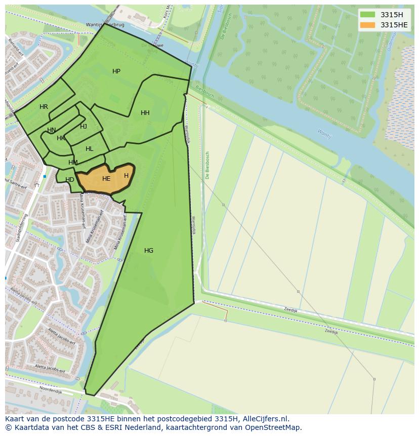 Afbeelding van het postcodegebied 3315 HE op de kaart.