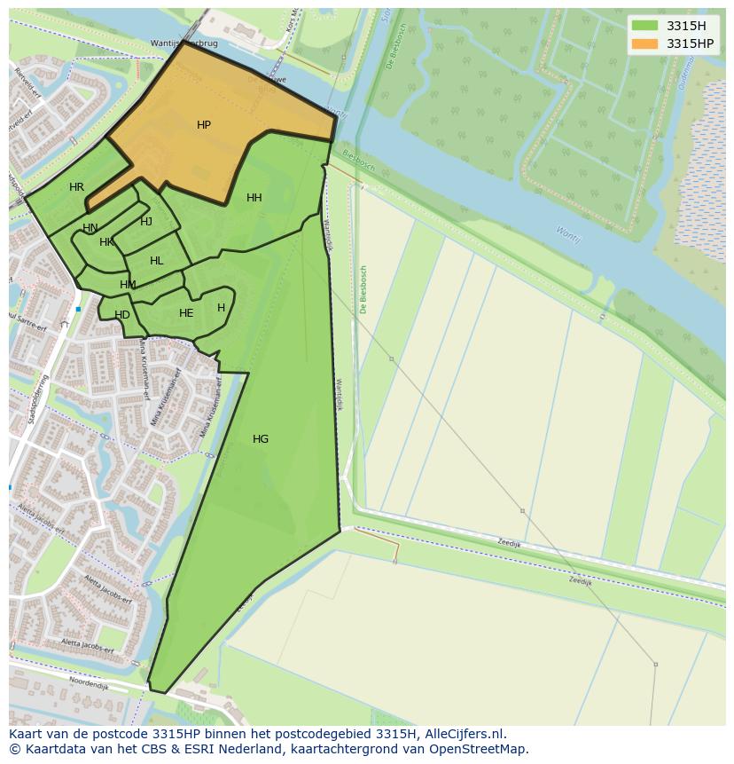 Afbeelding van het postcodegebied 3315 HP op de kaart.