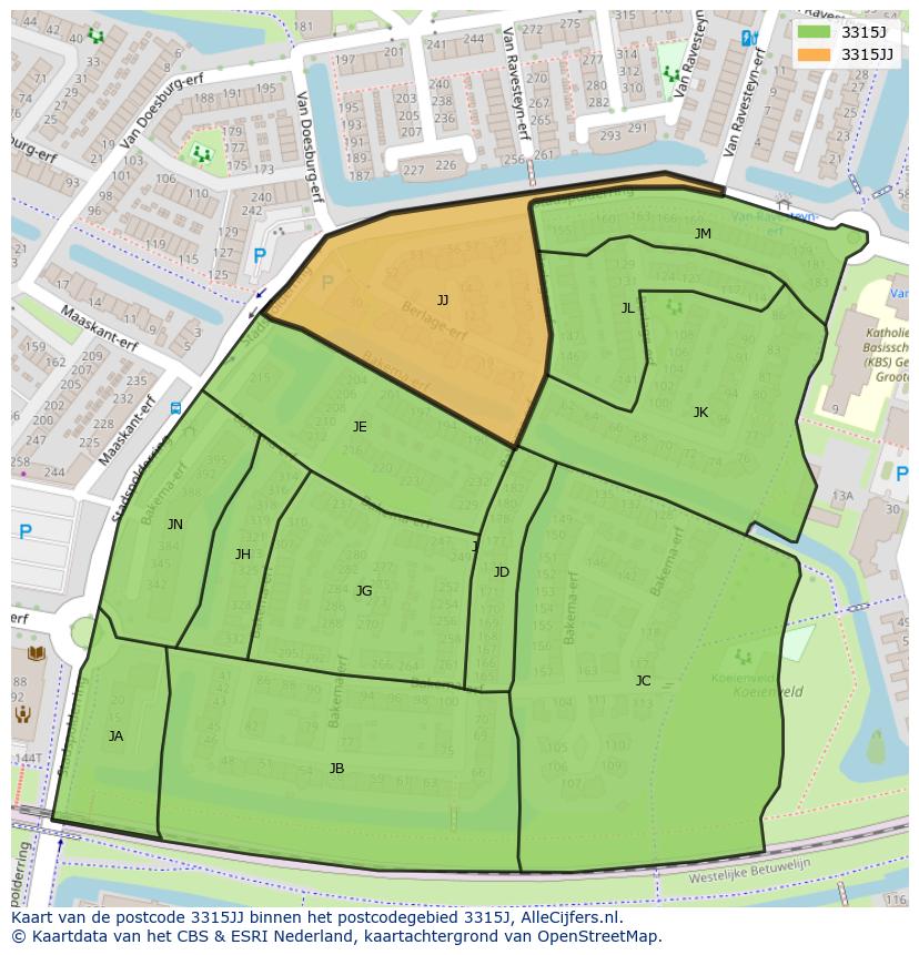 Afbeelding van het postcodegebied 3315 JJ op de kaart.