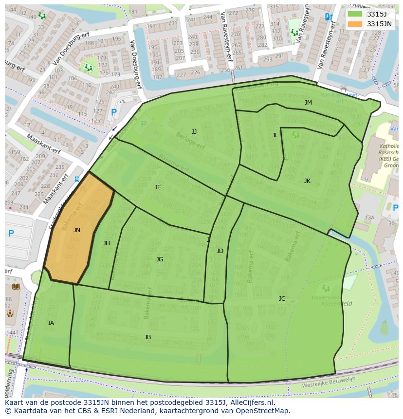 Afbeelding van het postcodegebied 3315 JN op de kaart.