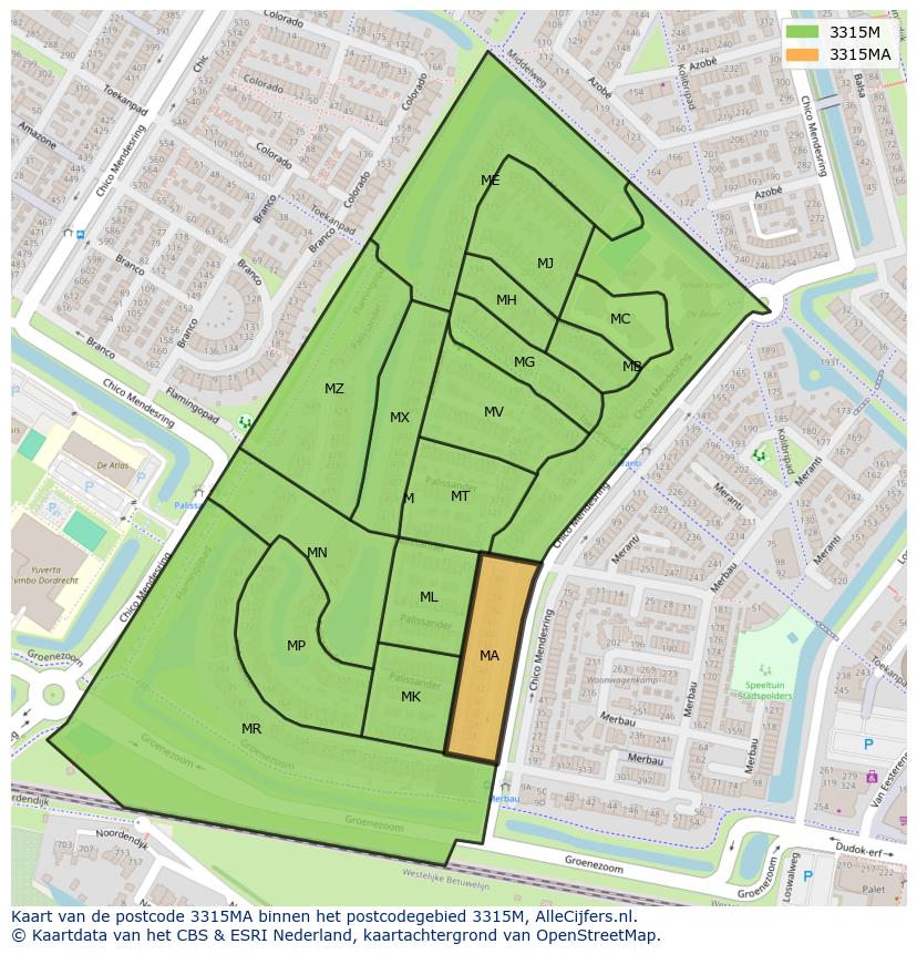 Afbeelding van het postcodegebied 3315 MA op de kaart.