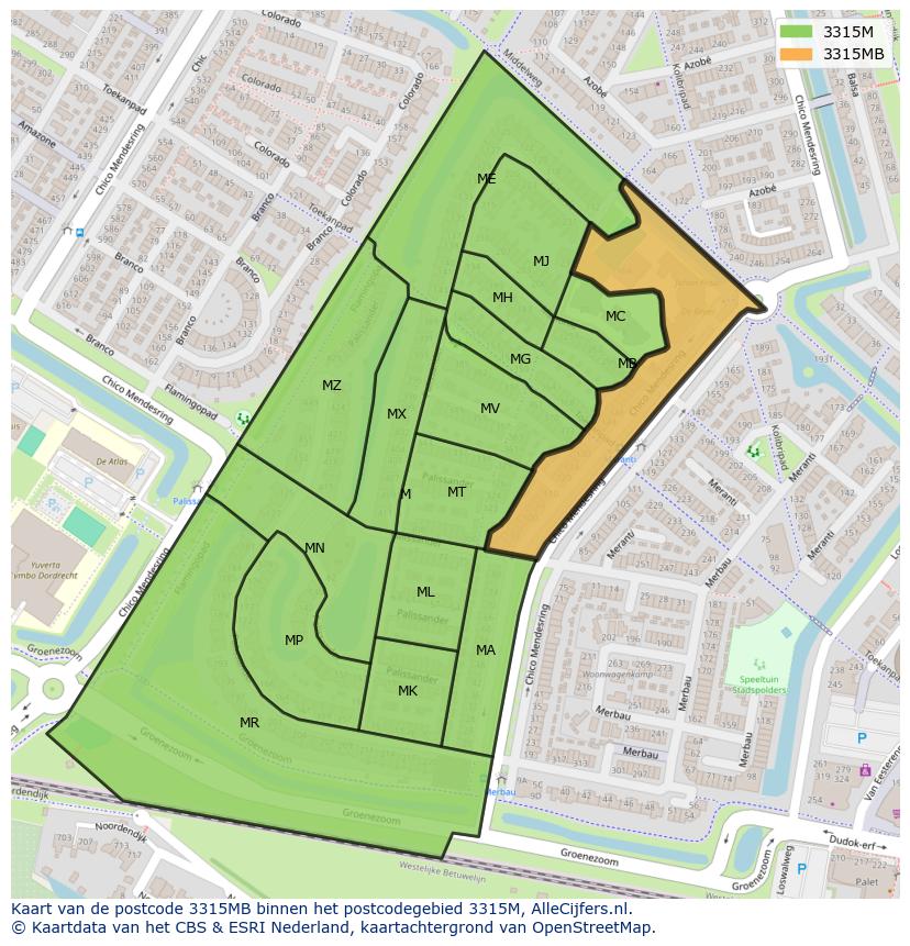Afbeelding van het postcodegebied 3315 MB op de kaart.