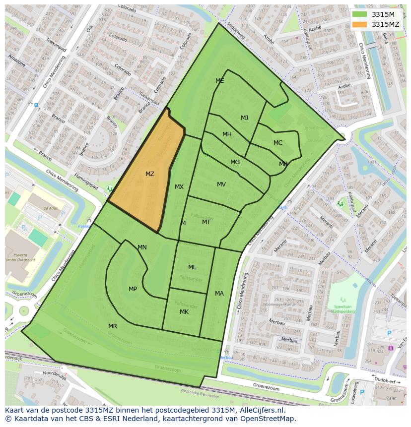 Afbeelding van het postcodegebied 3315 MZ op de kaart.