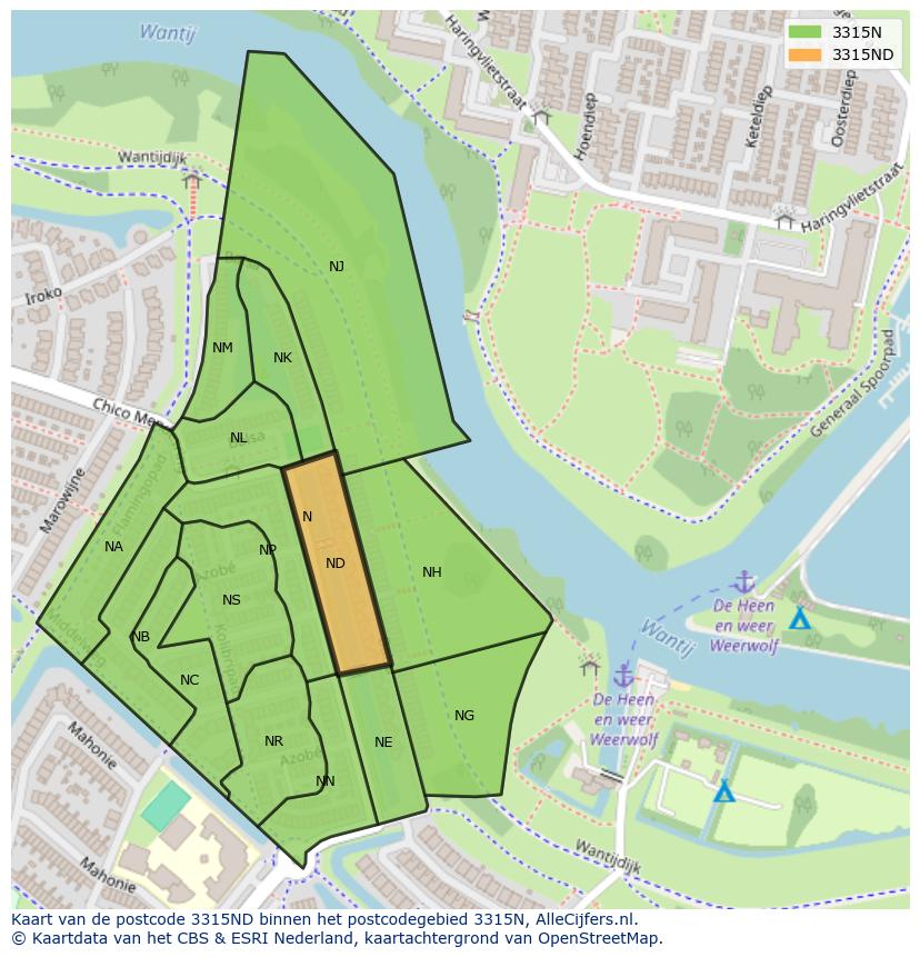 Afbeelding van het postcodegebied 3315 ND op de kaart.