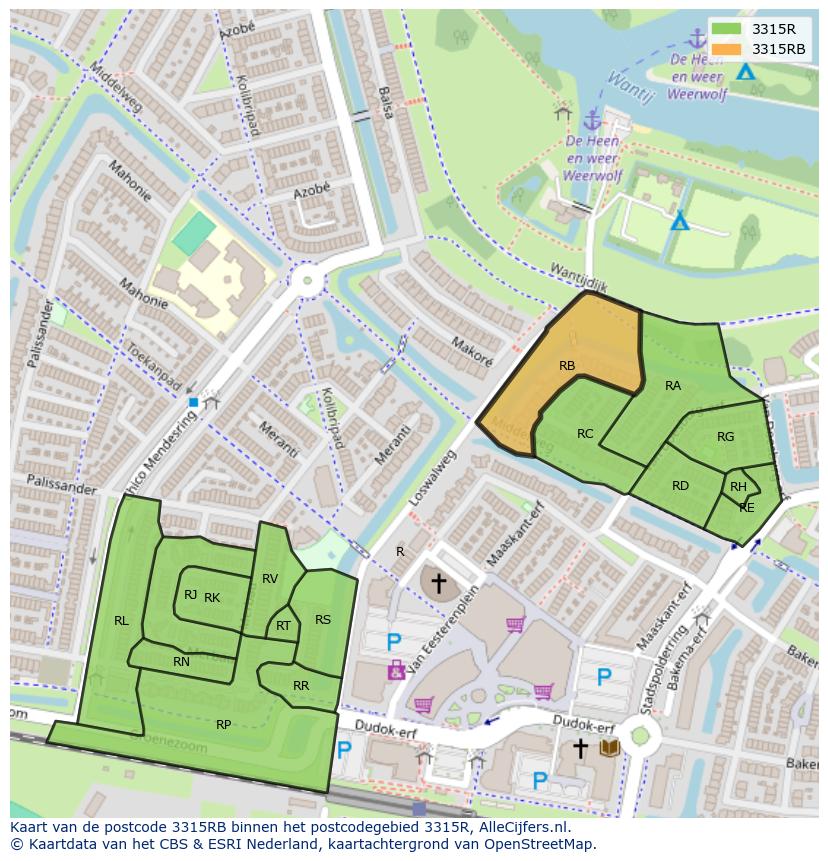 Afbeelding van het postcodegebied 3315 RB op de kaart.