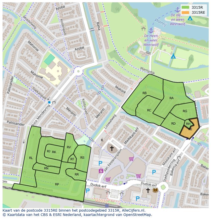 Afbeelding van het postcodegebied 3315 RE op de kaart.