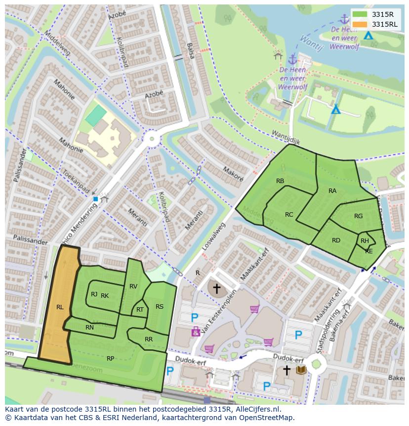 Afbeelding van het postcodegebied 3315 RL op de kaart.