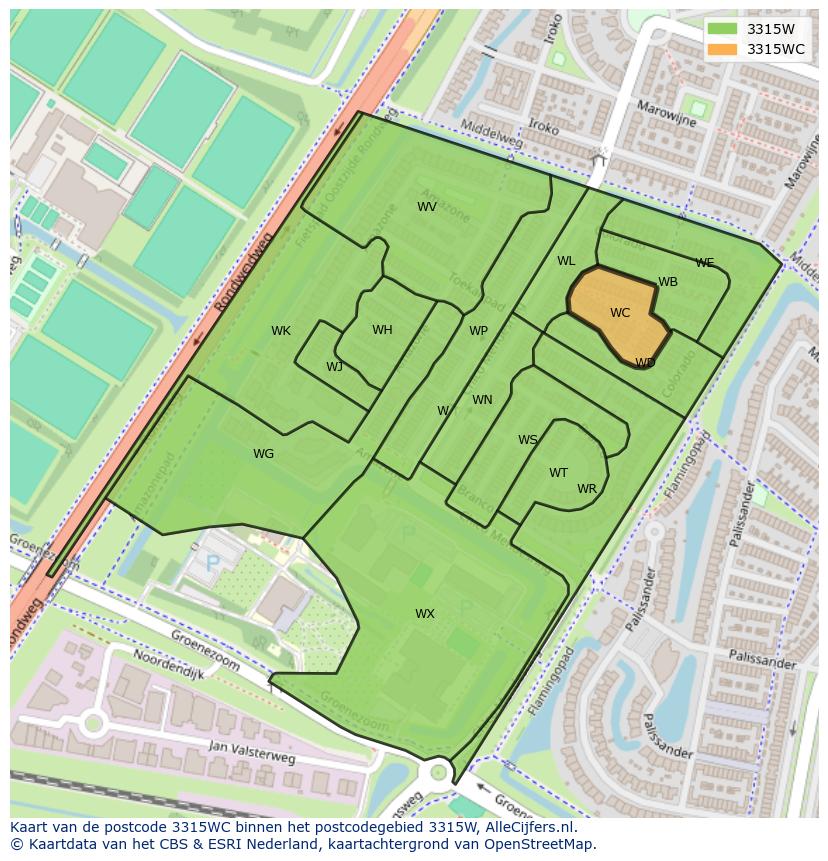 Afbeelding van het postcodegebied 3315 WC op de kaart.