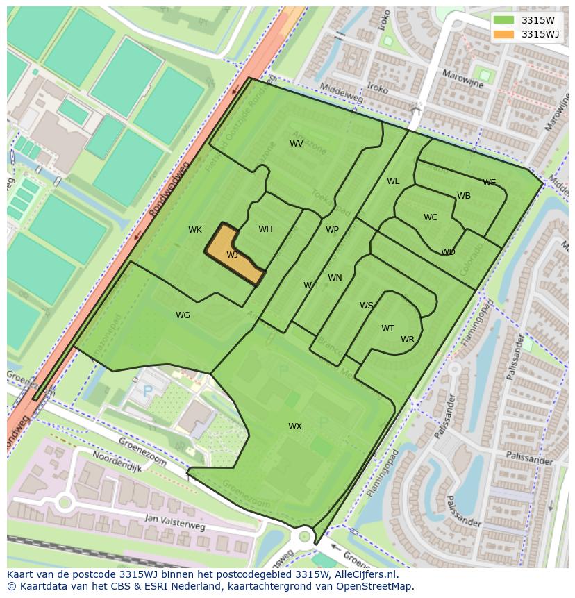 Afbeelding van het postcodegebied 3315 WJ op de kaart.