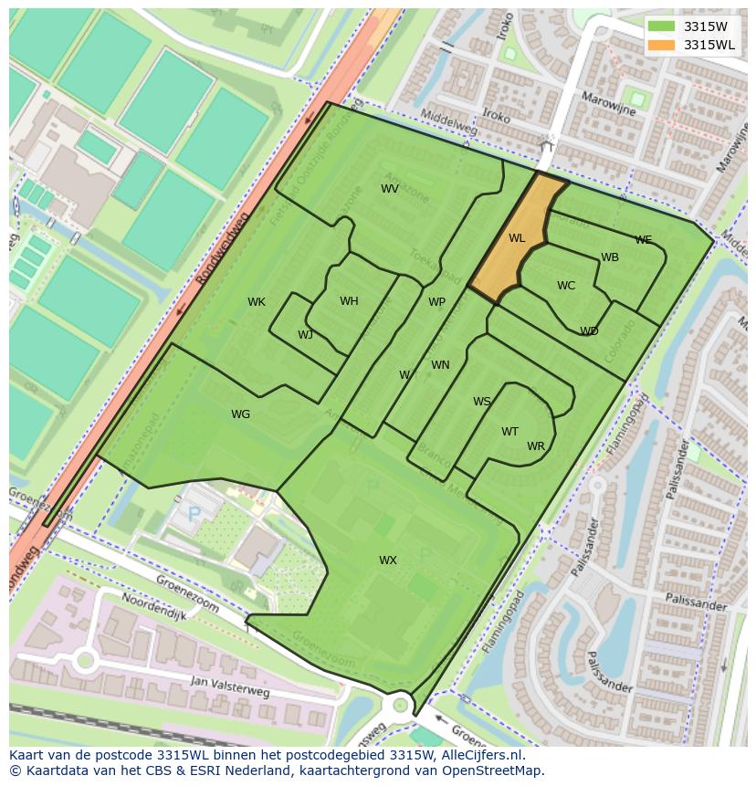 Afbeelding van het postcodegebied 3315 WL op de kaart.