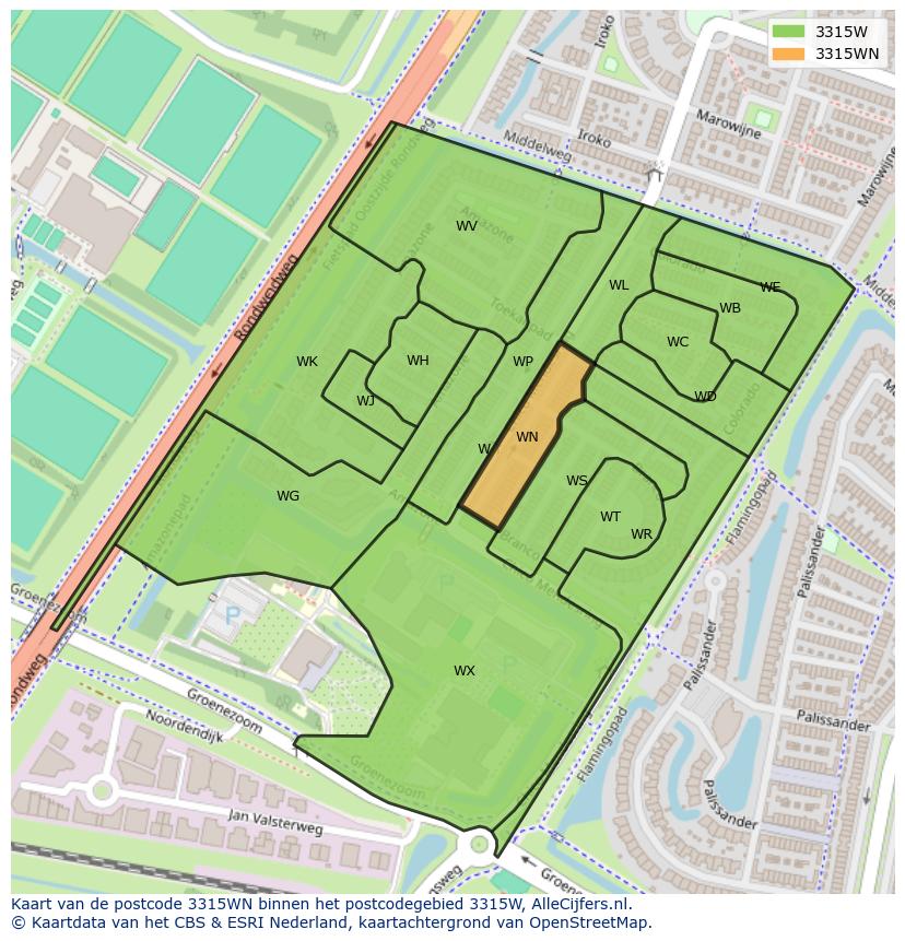 Afbeelding van het postcodegebied 3315 WN op de kaart.