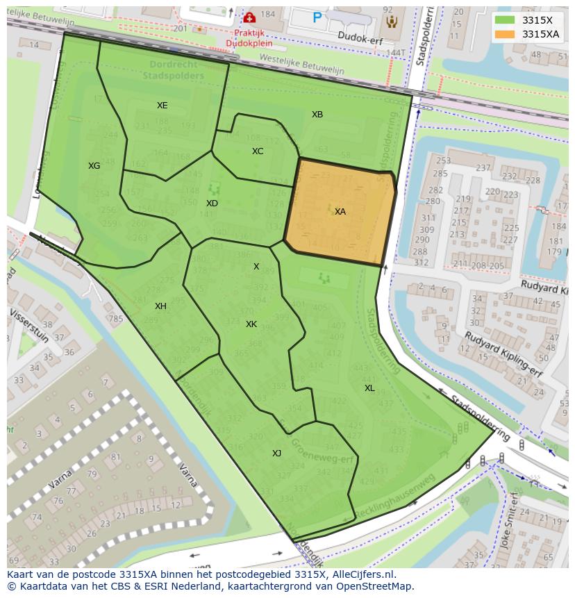 Afbeelding van het postcodegebied 3315 XA op de kaart.