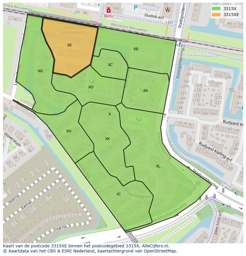 Afbeelding van het postcodegebied 3315 XE op de kaart.