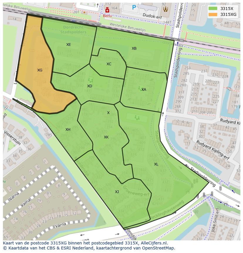 Afbeelding van het postcodegebied 3315 XG op de kaart.