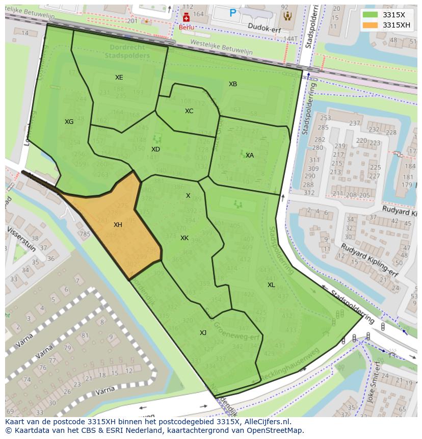 Afbeelding van het postcodegebied 3315 XH op de kaart.