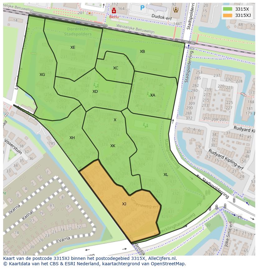 Afbeelding van het postcodegebied 3315 XJ op de kaart.