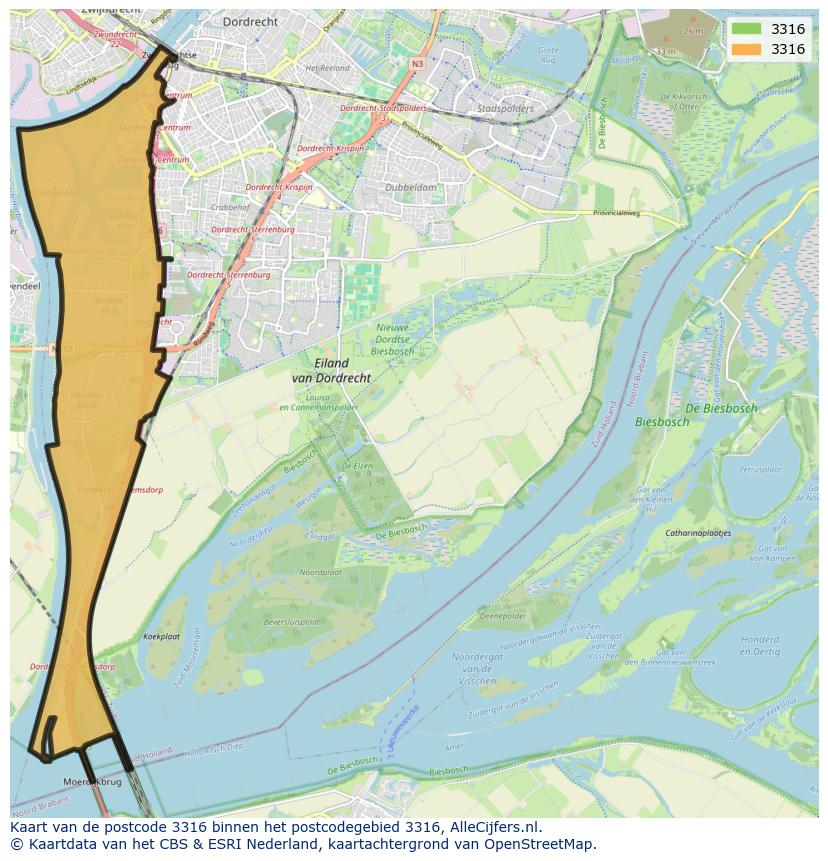 Afbeelding van het postcodegebied 3316 op de kaart.