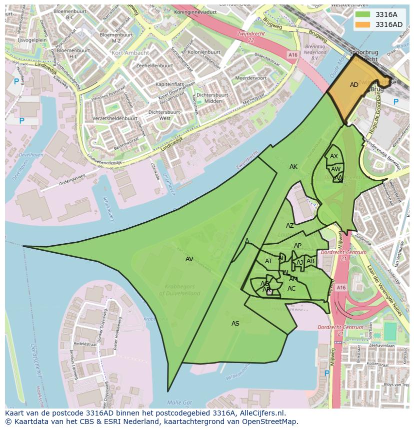 Afbeelding van het postcodegebied 3316 AD op de kaart.
