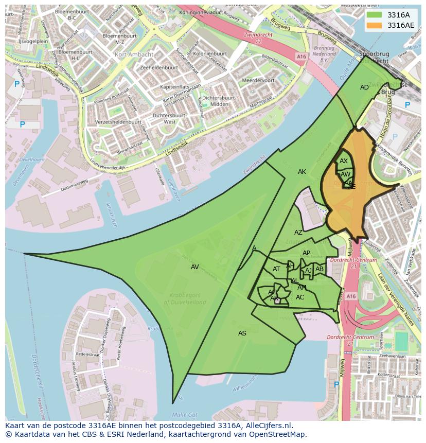 Afbeelding van het postcodegebied 3316 AE op de kaart.
