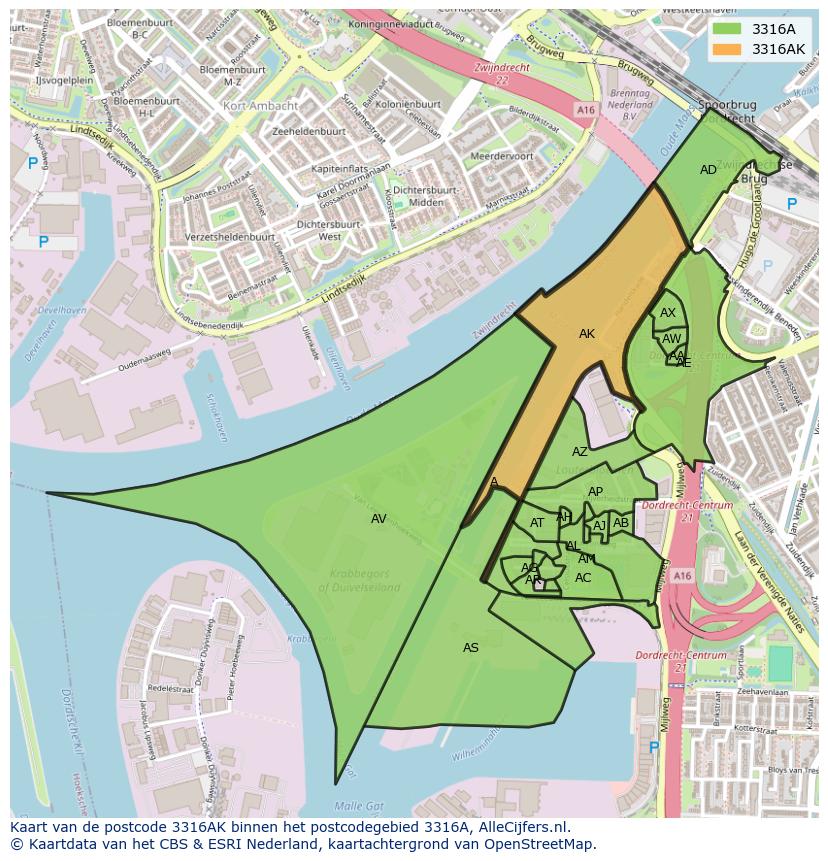 Afbeelding van het postcodegebied 3316 AK op de kaart.