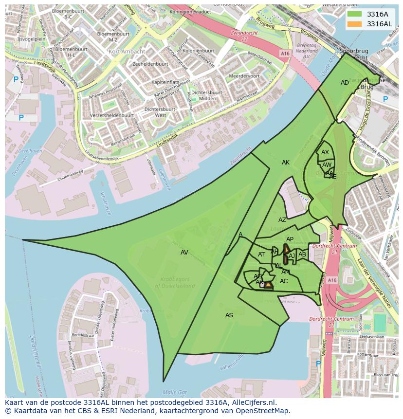 Afbeelding van het postcodegebied 3316 AL op de kaart.