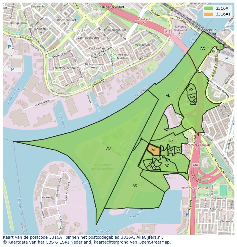 Afbeelding van het postcodegebied 3316 AT op de kaart.