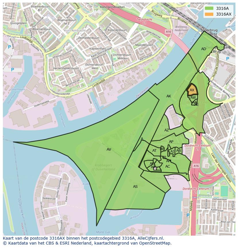 Afbeelding van het postcodegebied 3316 AX op de kaart.