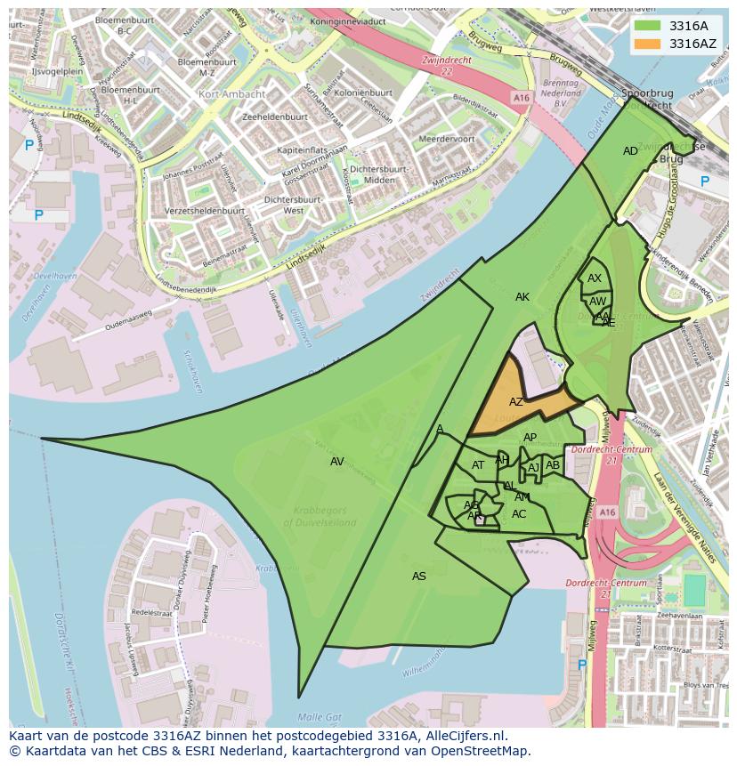 Afbeelding van het postcodegebied 3316 AZ op de kaart.