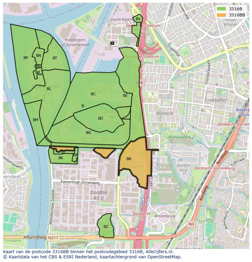 Afbeelding van het postcodegebied 3316 BB op de kaart.