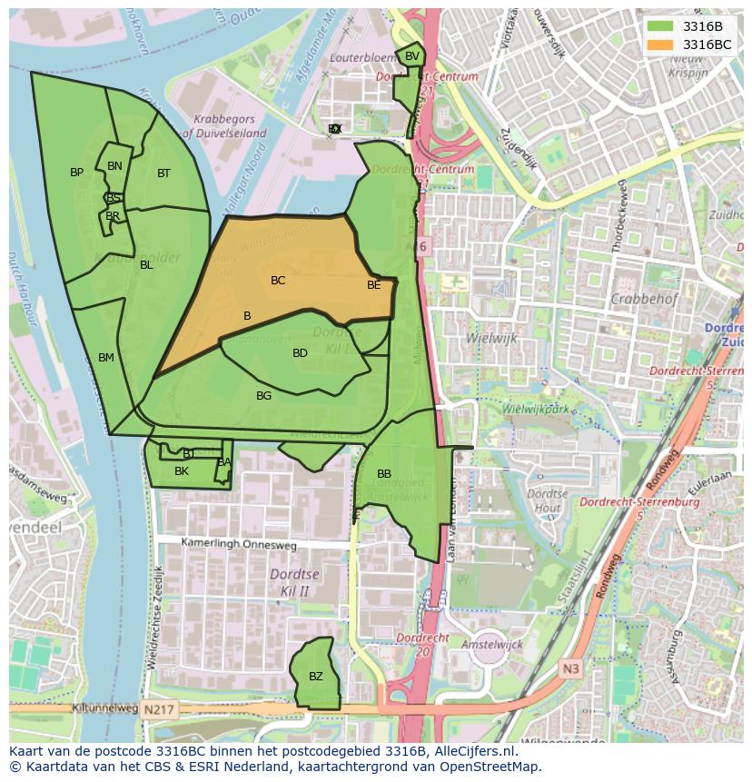 Afbeelding van het postcodegebied 3316 BC op de kaart.