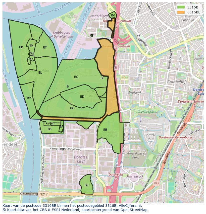 Afbeelding van het postcodegebied 3316 BE op de kaart.