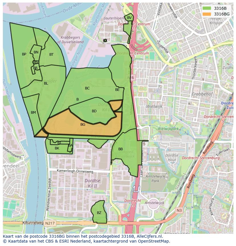 Afbeelding van het postcodegebied 3316 BG op de kaart.