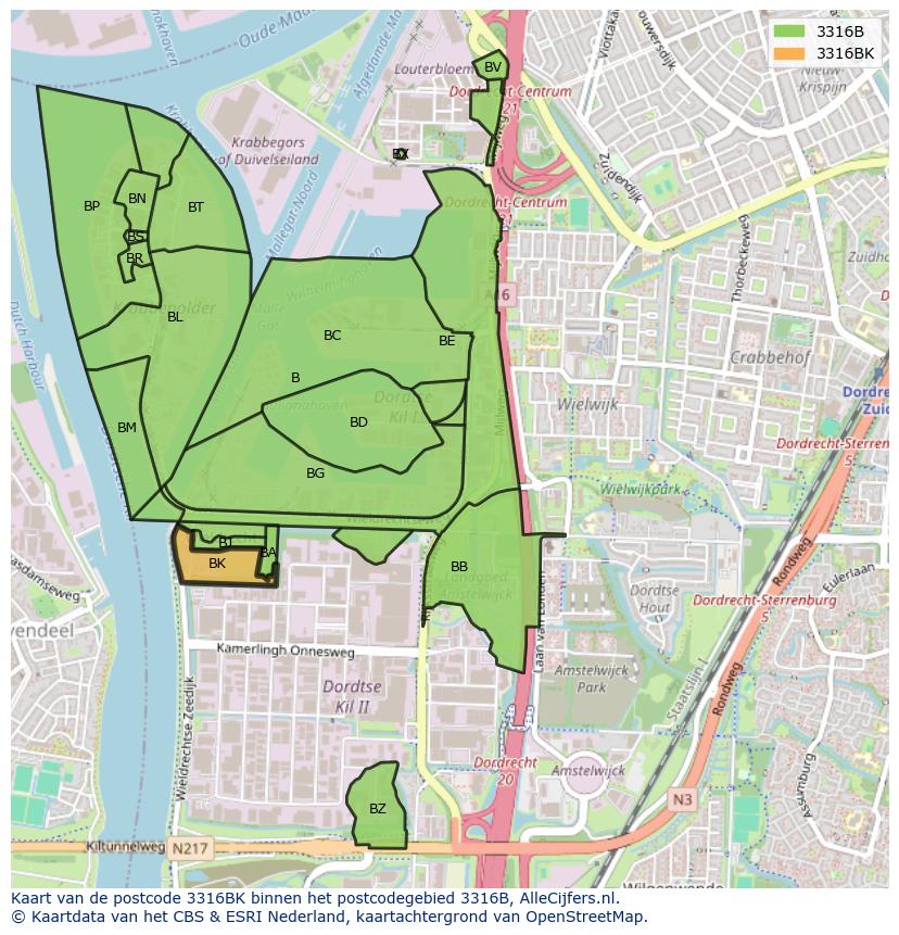 Afbeelding van het postcodegebied 3316 BK op de kaart.