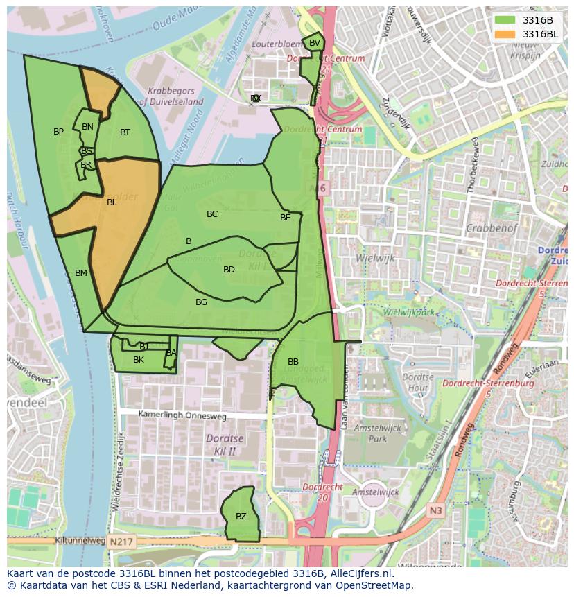 Afbeelding van het postcodegebied 3316 BL op de kaart.