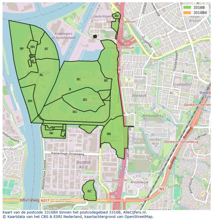 Afbeelding van het postcodegebied 3316 BX op de kaart.