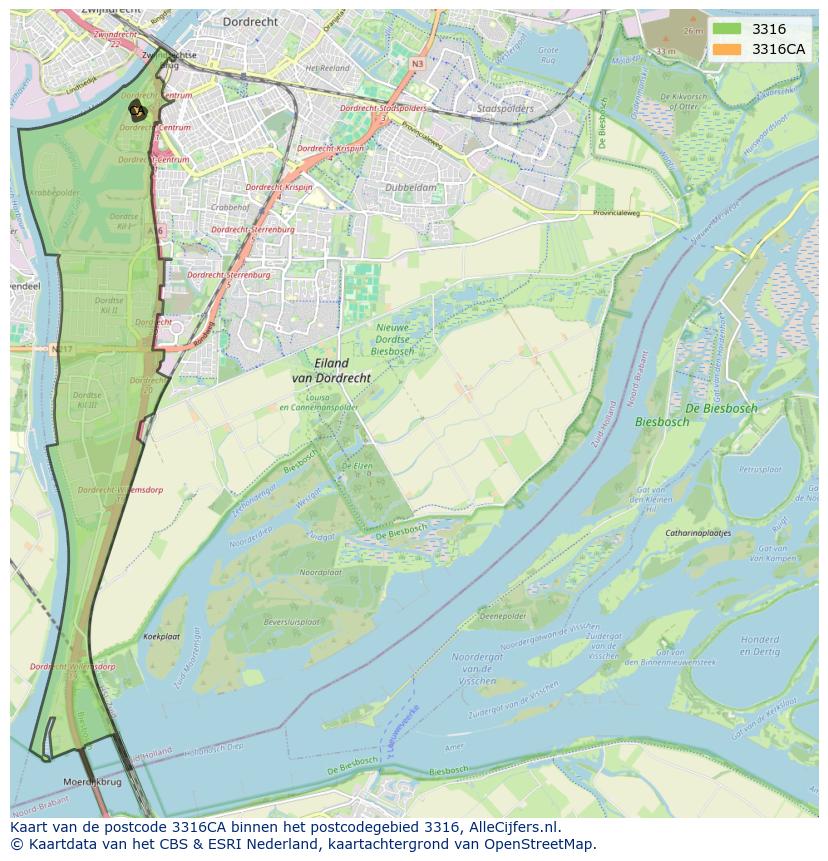 Afbeelding van het postcodegebied 3316 CA op de kaart.