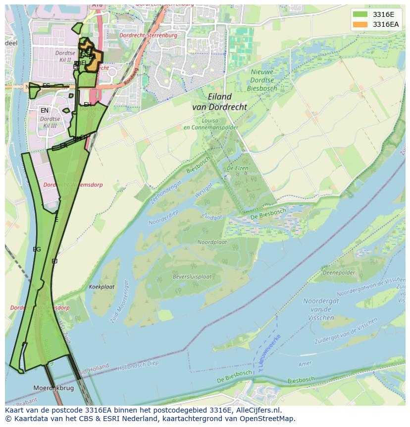 Afbeelding van het postcodegebied 3316 EA op de kaart.