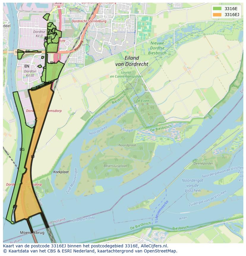 Afbeelding van het postcodegebied 3316 EJ op de kaart.