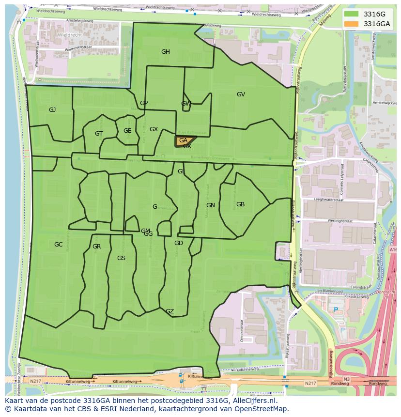 Afbeelding van het postcodegebied 3316 GA op de kaart.