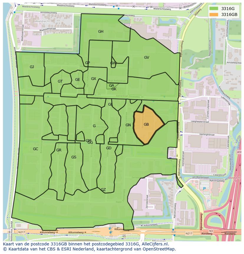 Afbeelding van het postcodegebied 3316 GB op de kaart.