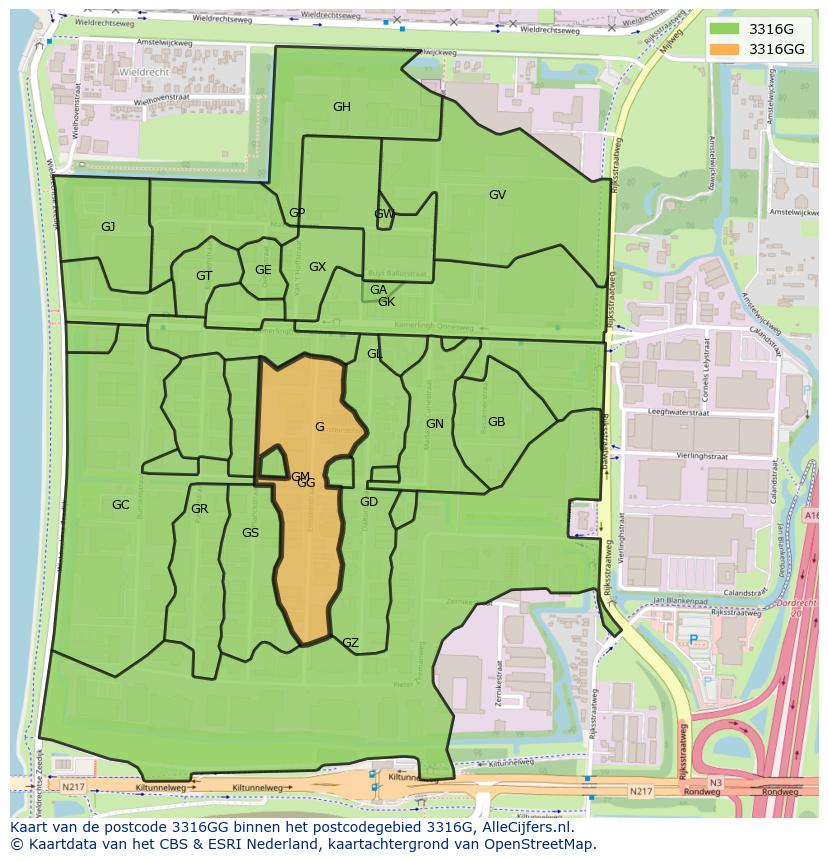 Afbeelding van het postcodegebied 3316 GG op de kaart.