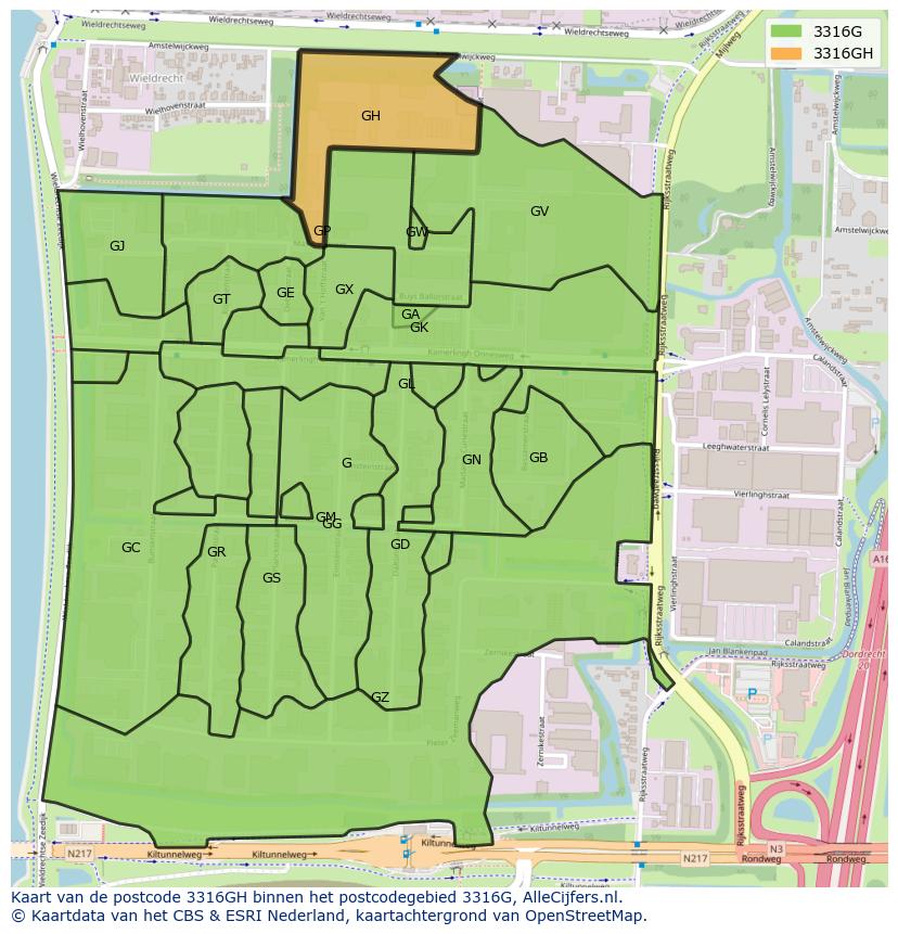 Afbeelding van het postcodegebied 3316 GH op de kaart.