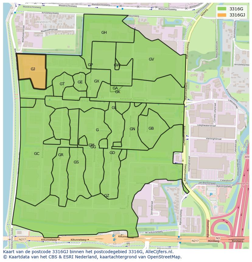 Afbeelding van het postcodegebied 3316 GJ op de kaart.