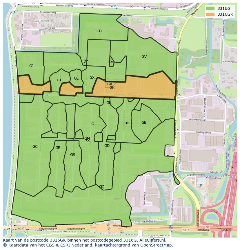 Afbeelding van het postcodegebied 3316 GK op de kaart.